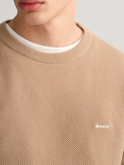 Gant Men Beige Solid Round Neck Sweater