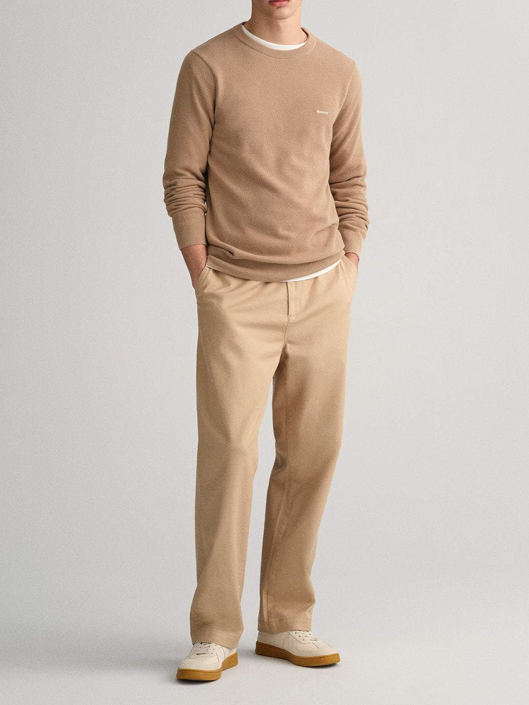 Gant Men Beige Solid Round Neck Sweater