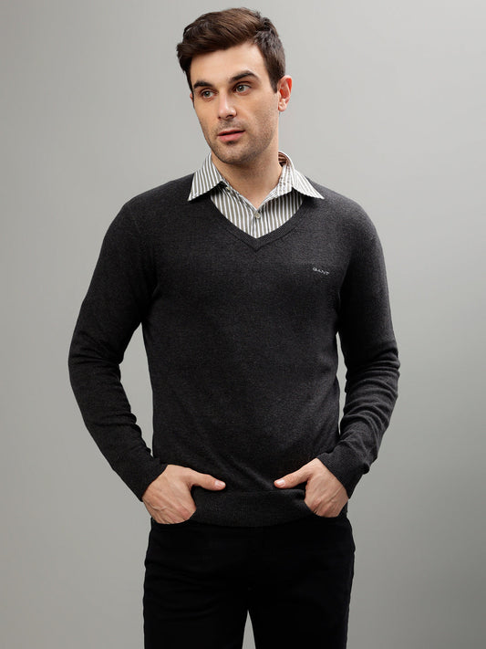 Gant Men Solid V Neck Long Sleeves Sweater