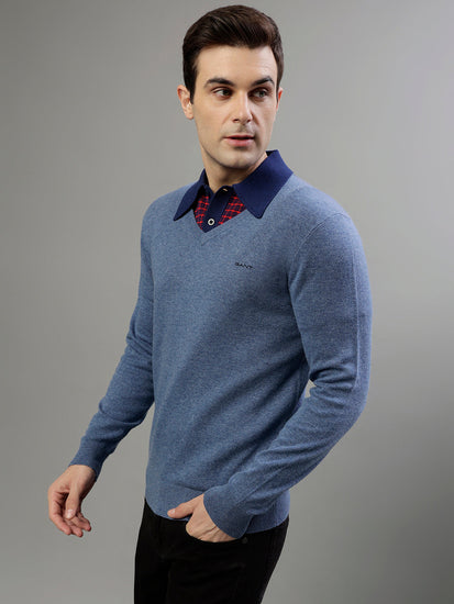 Gant Solid Blue Melange V Neck Full Sleeve Sweater