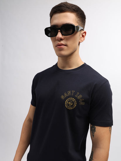 Gant Men Navy Blue Solid Round Neck Short Sleeves T-Shirt