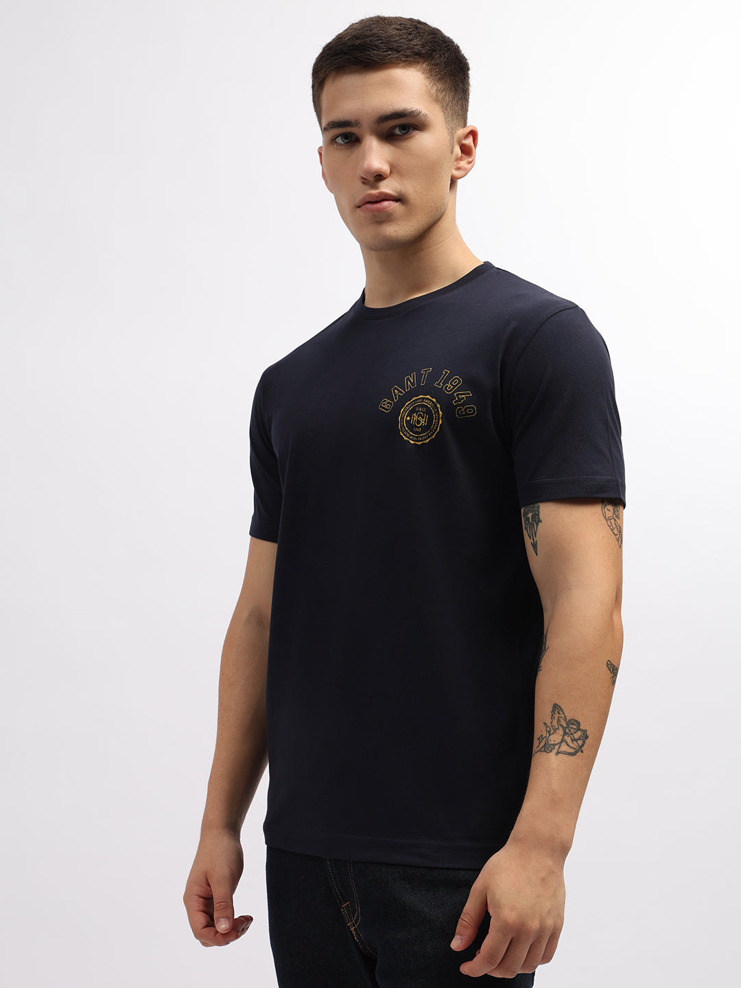 Gant Men Navy Blue Solid Round Neck Short Sleeves T-Shirt