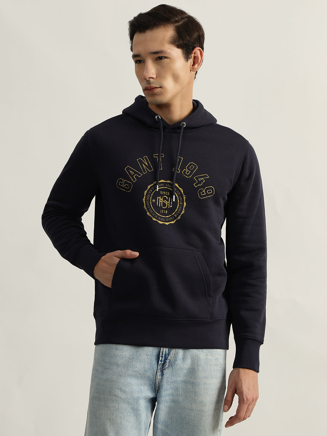 Gant Men Blue Printed Hooded Full Sleeves Sweatshirt