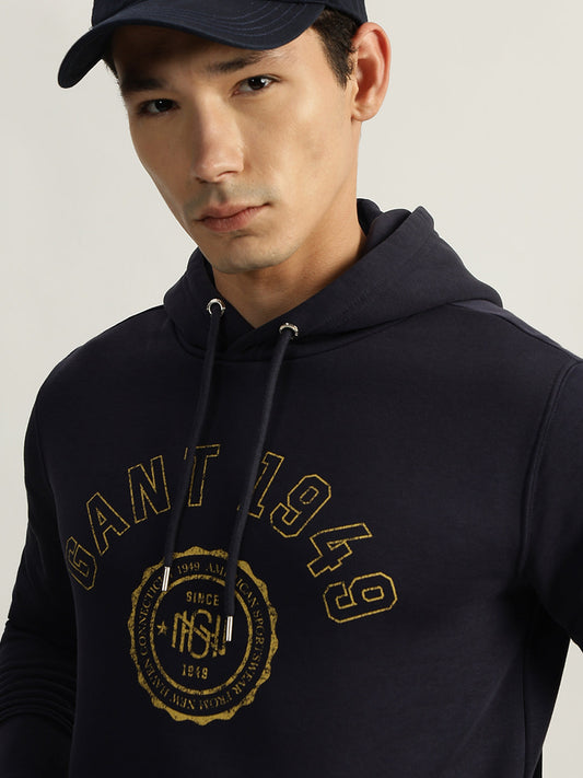 Gant Men Blue Printed Hooded Full Sleeves Sweatshirt