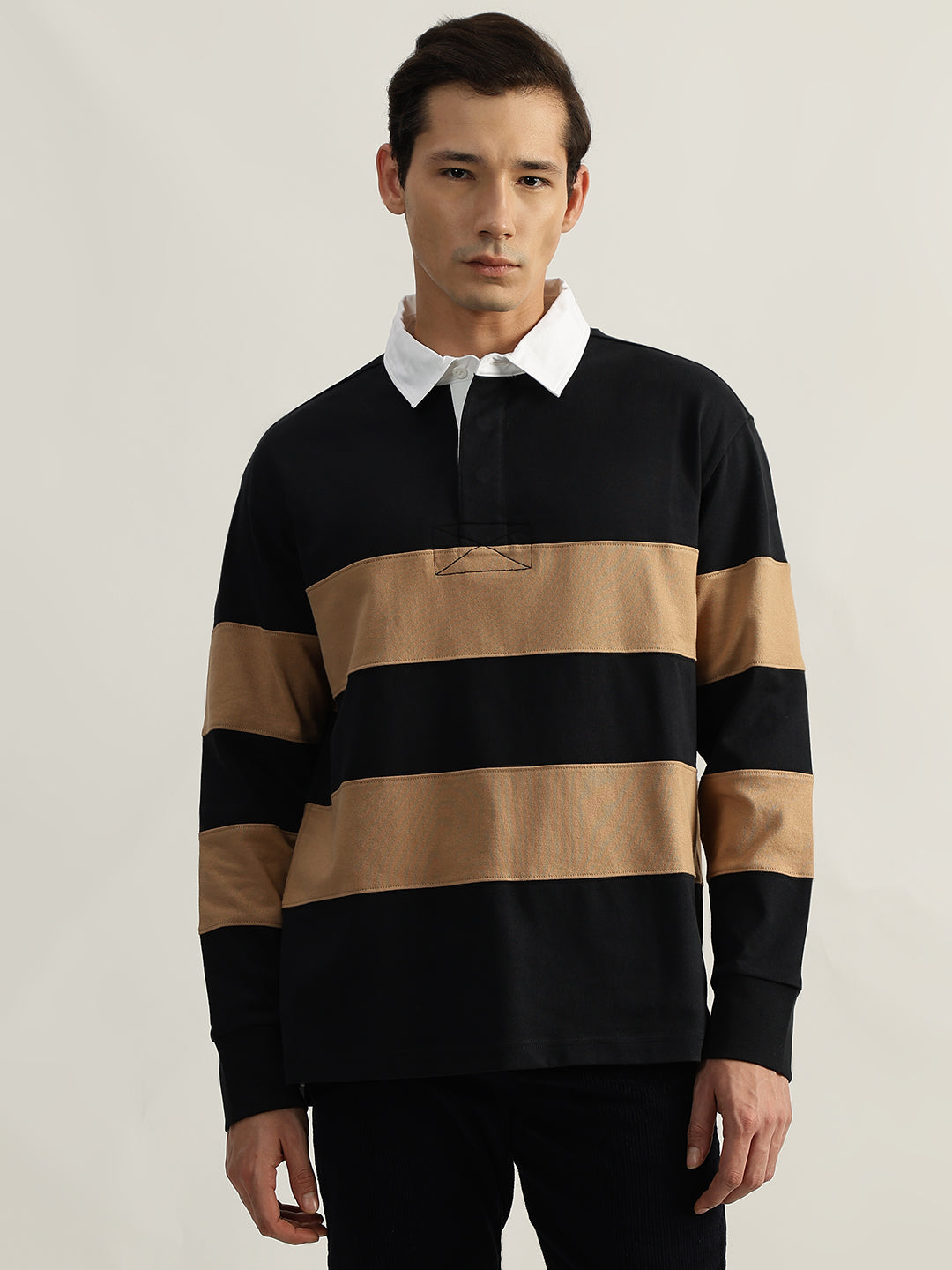 Gant Men Black Striped Polo Collar Full Sleeves T-Shirt