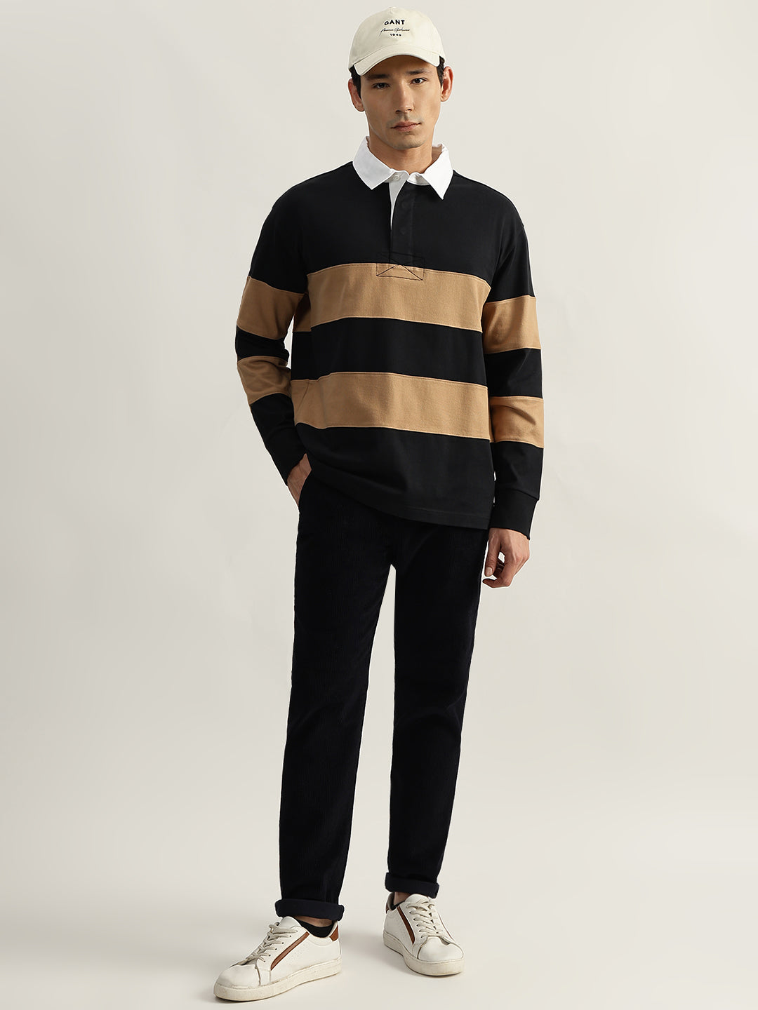 Gant Men Black Striped Polo Collar Full Sleeves T-Shirt