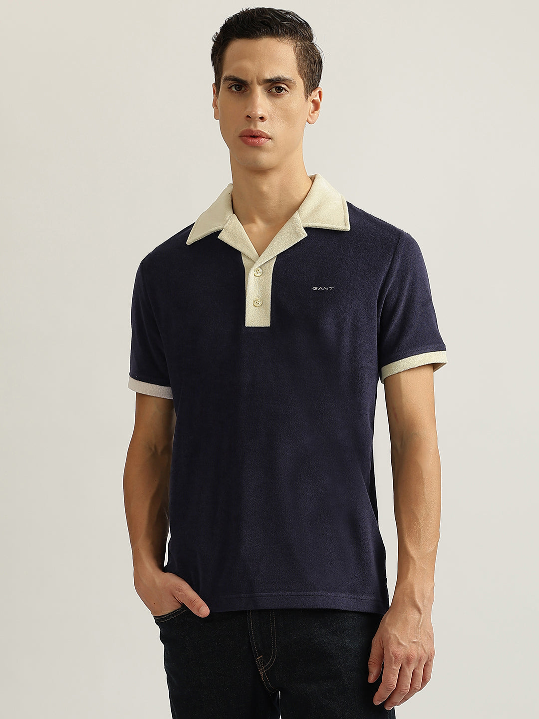 Gant Men Navy Blue Solid Collared Short Sleeves Polo T-Shirt