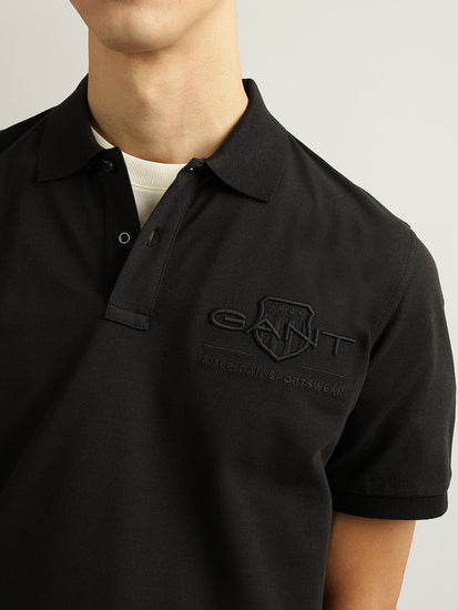 Gant Men Black Embroidered Collared Short Sleeves Polo T-Shirt