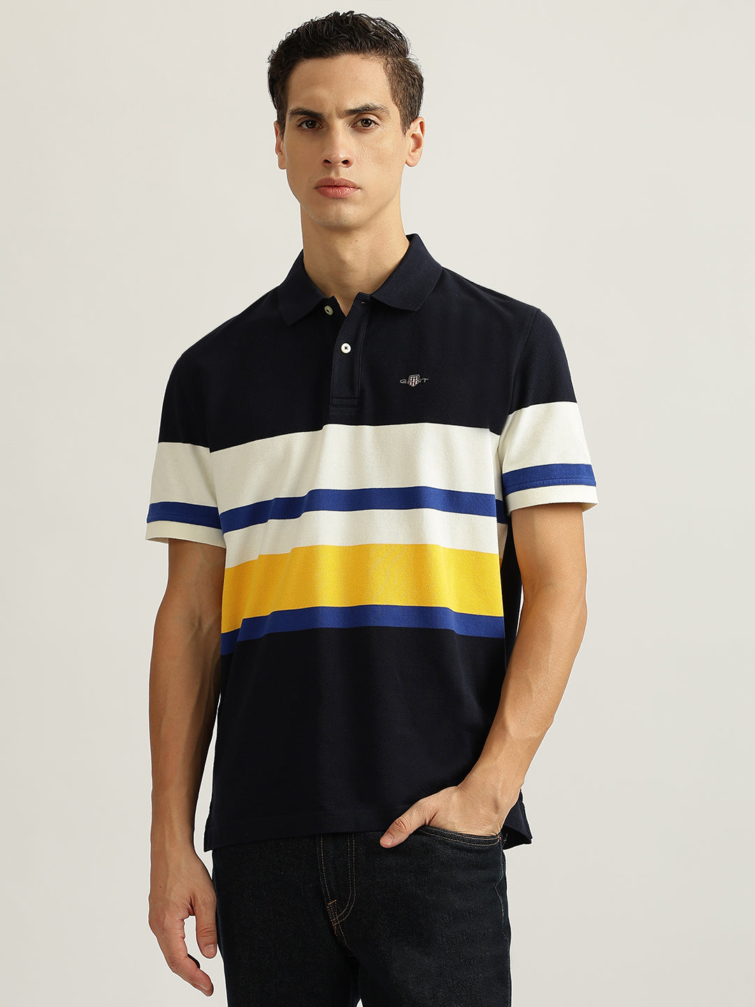 Gant Men Navy Blue Striped Collared Short Sleeves Polo T-Shirt