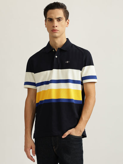 Gant Men Navy Blue Striped Collared Short Sleeves Polo T-Shirt