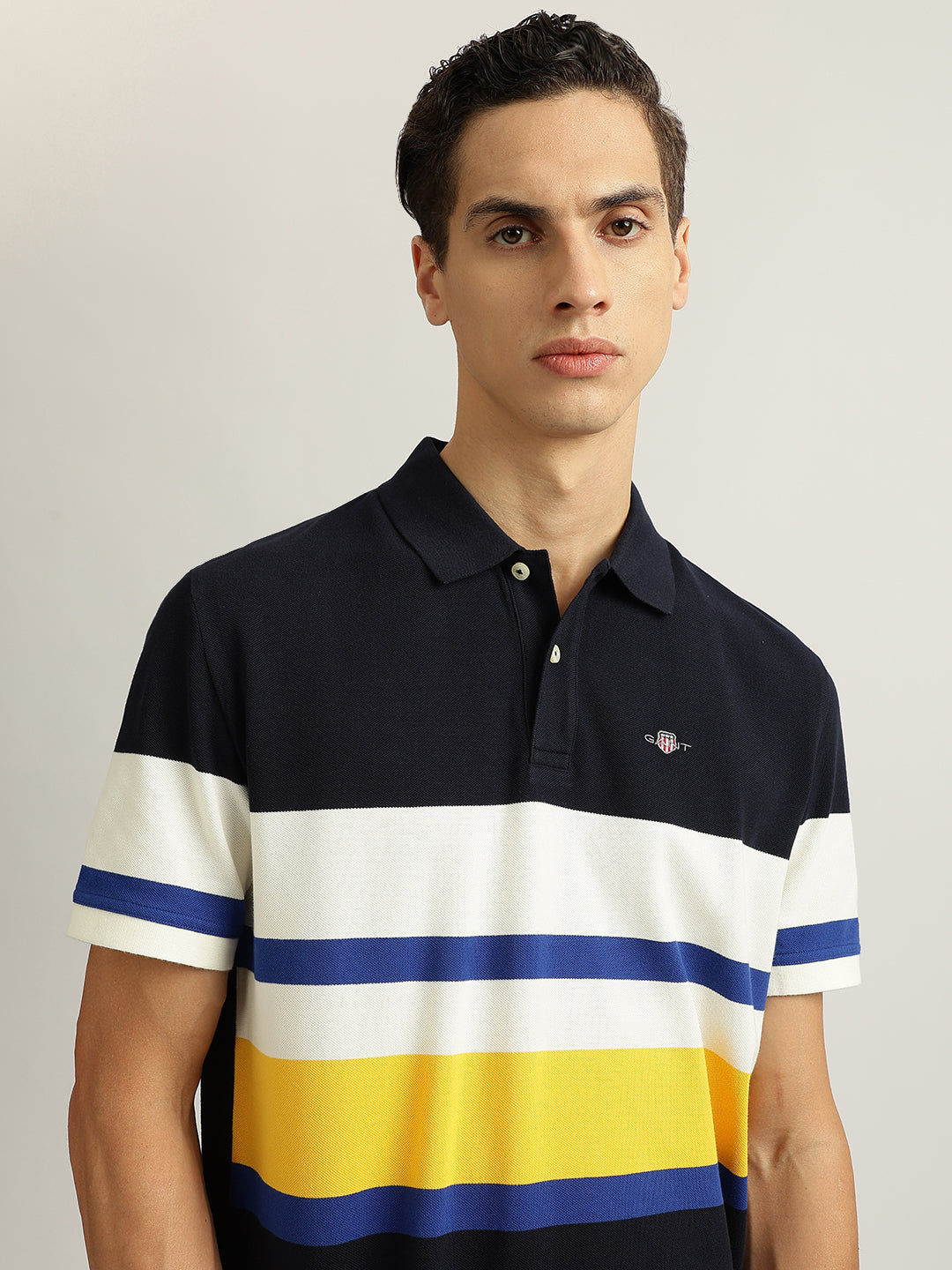 Gant Men Navy Blue Striped Collared Short Sleeves Polo T-Shirt