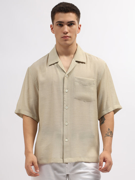 Gant Men Beige Solid Cuban Collar Short Sleeves Shirt