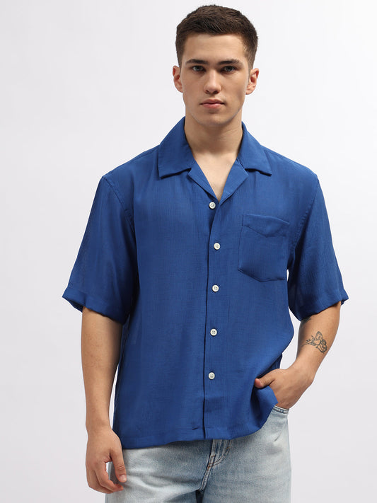 Gant Men Blue Solid Cuban Collar Short Sleeves Shirt