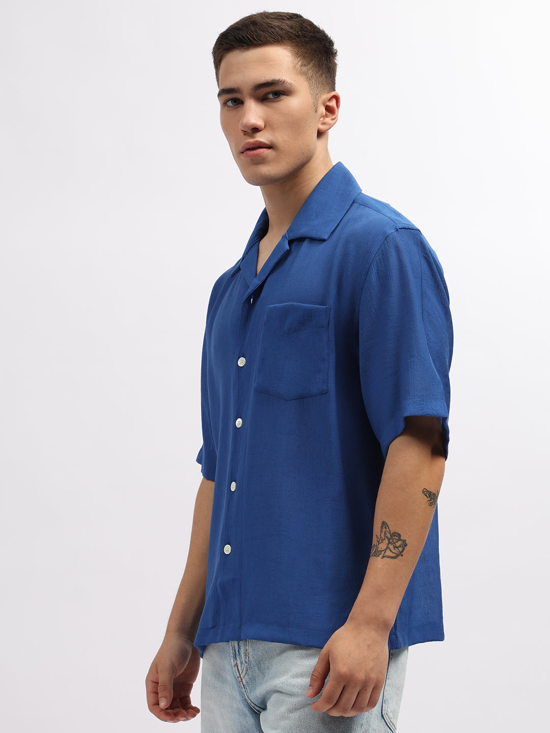 Gant Men Blue Solid Cuban Collar Short Sleeves Shirt