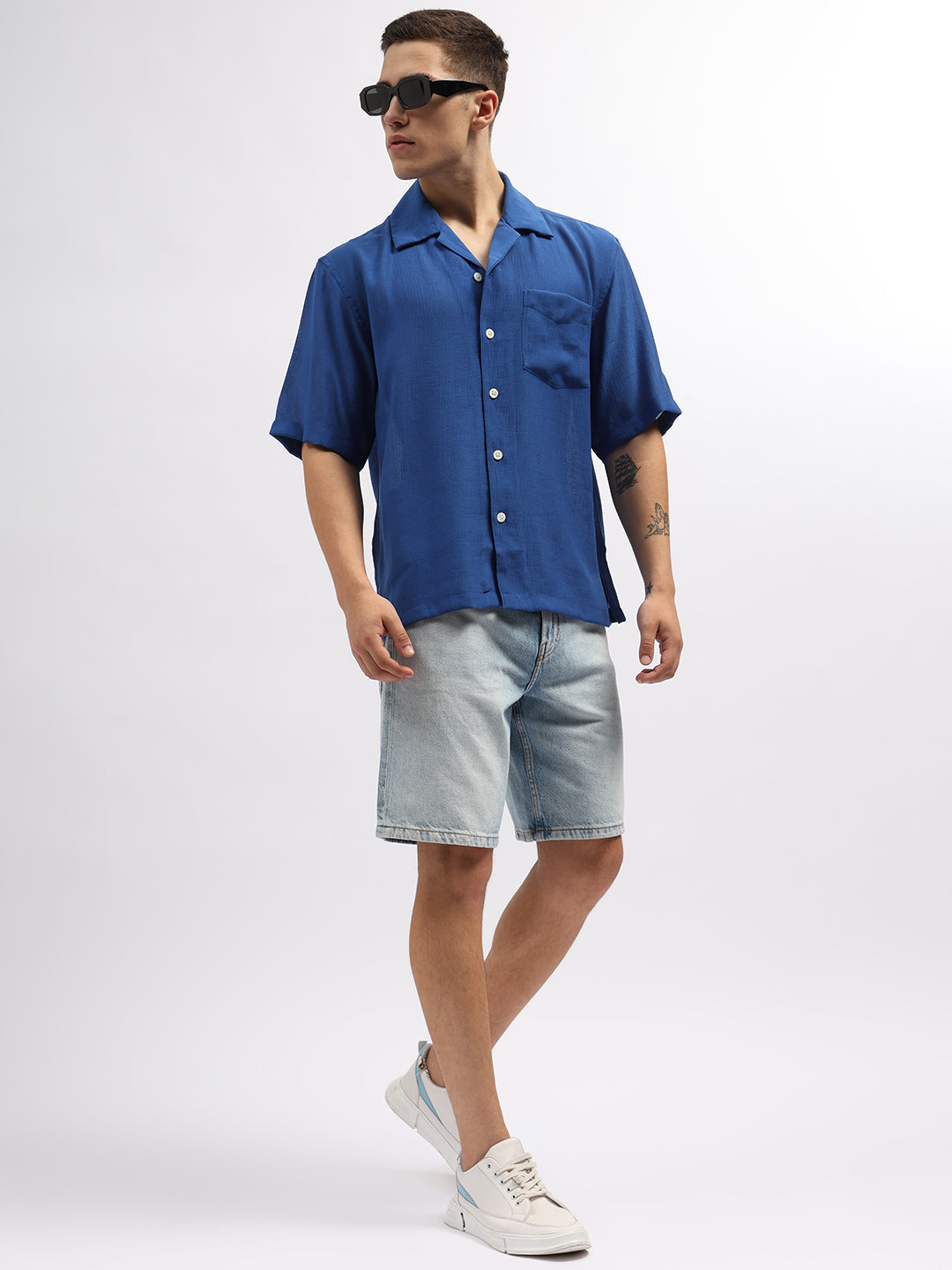 Gant Men Blue Solid Cuban Collar Short Sleeves Shirt