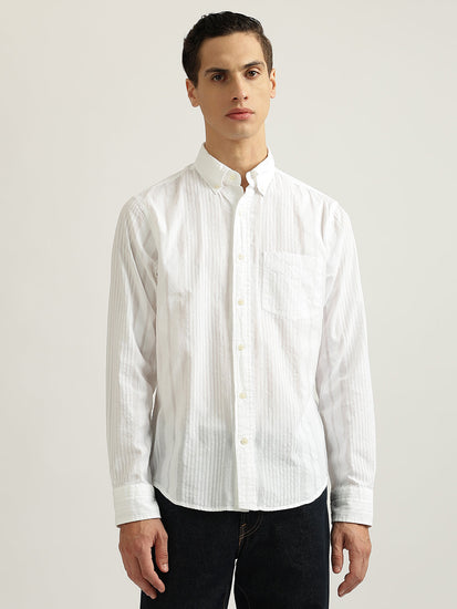 Gant Men White Striped Buttoned Down Collar Full Sleeves Shirt