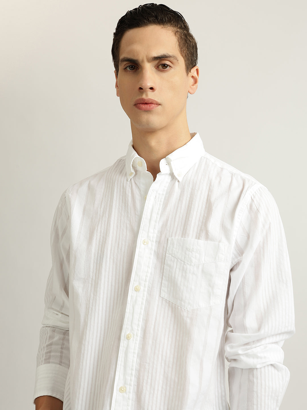 Gant Men White Striped Buttoned Down Collar Full Sleeves Shirt