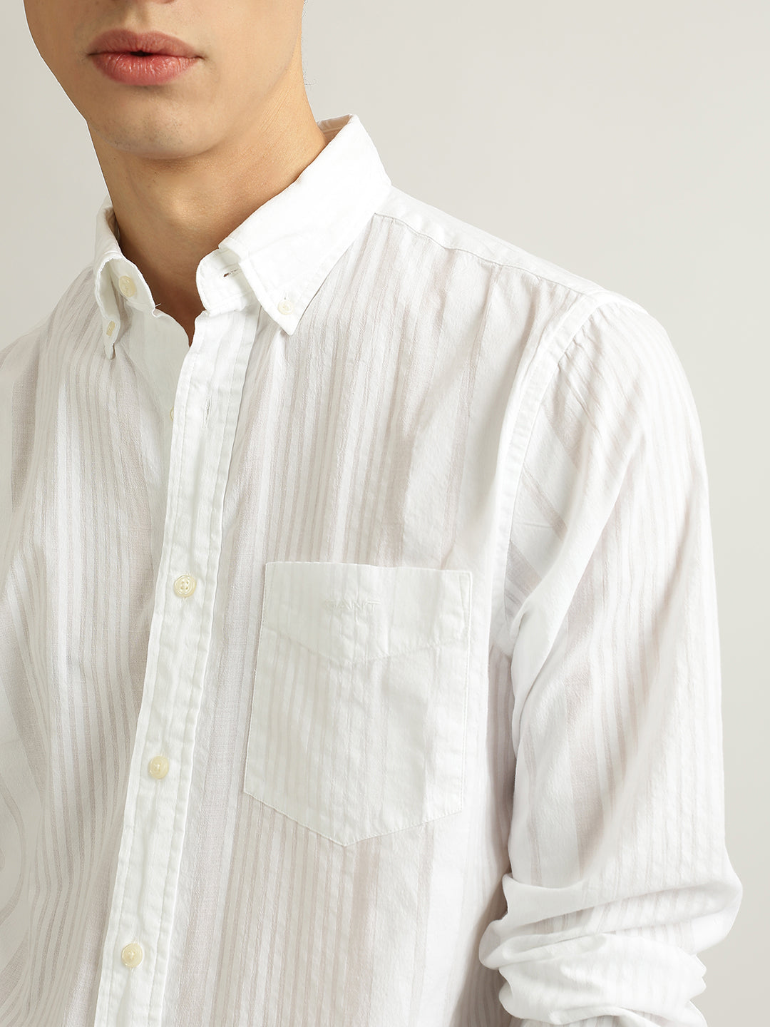 Gant Men White Striped Buttoned Down Collar Full Sleeves Shirt