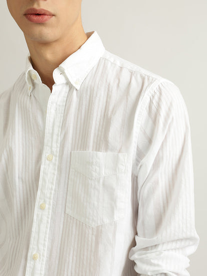 Gant Men White Striped Buttoned Down Collar Full Sleeves Shirt