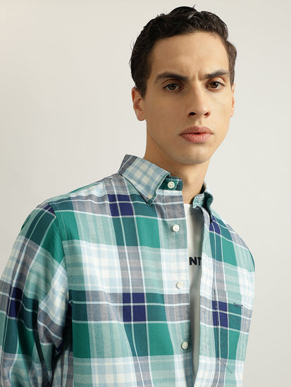 Gant Men Green Checked Buttoned Down Collar Full Sleeves Shirt