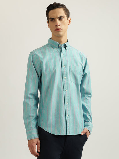 Gant Men Aqua Striped Buttoned Down Collar Full Sleeves Shirt