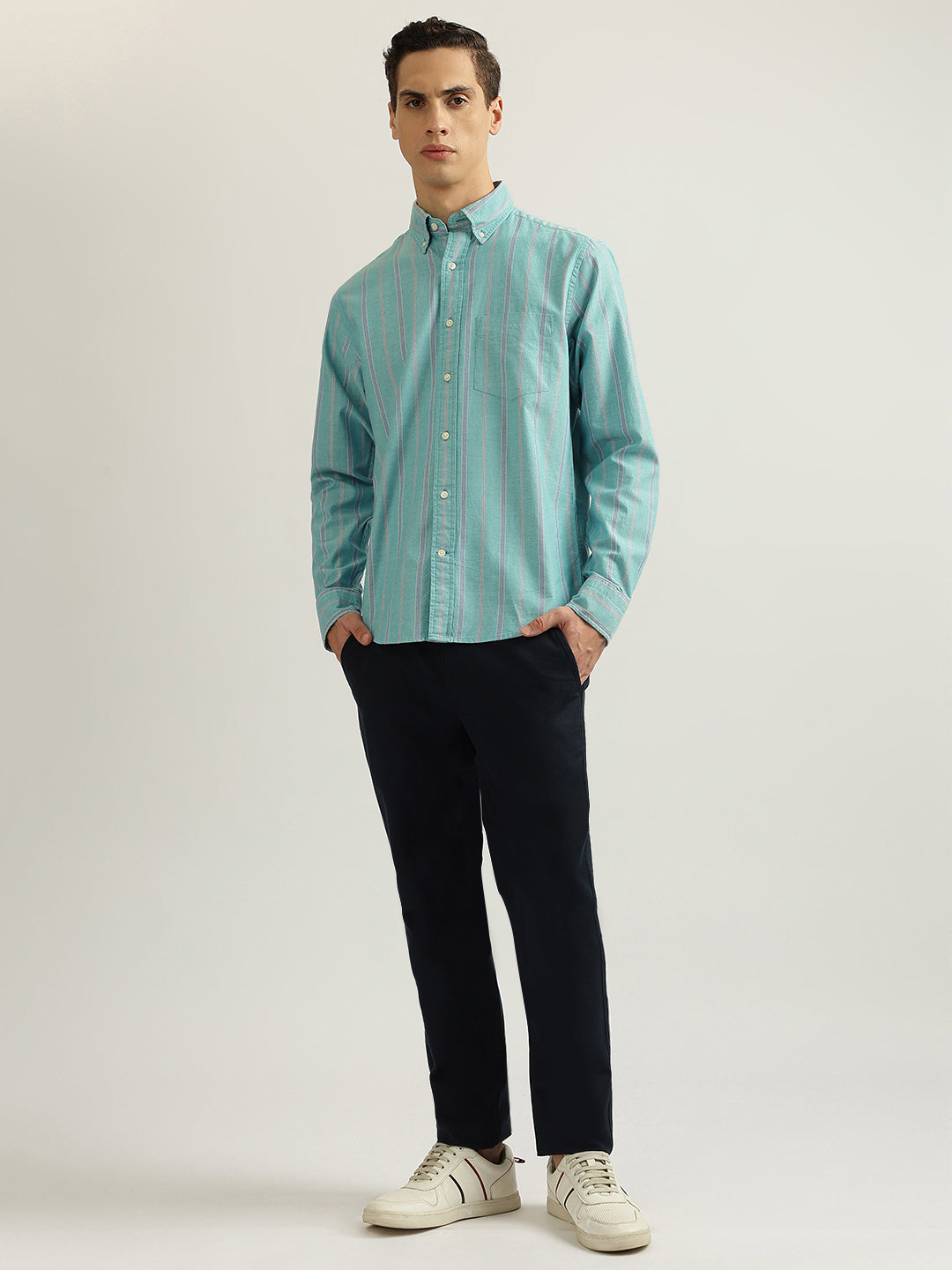 Gant Men Aqua Striped Buttoned Down Collar Full Sleeves Shirt