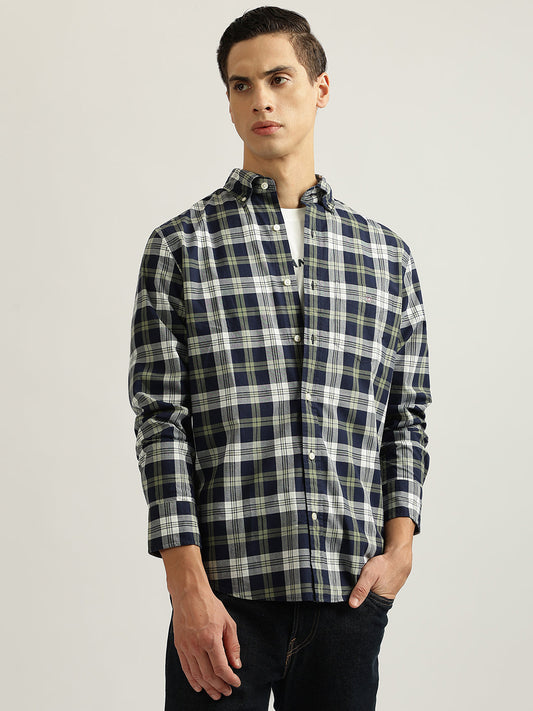 Gant Men Navy Blue Checked Buttoned Down Collar Full Sleeves Shirt