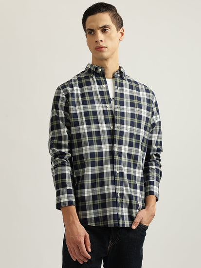 Gant Men Navy Blue Checked Buttoned Down Collar Full Sleeves Shirt