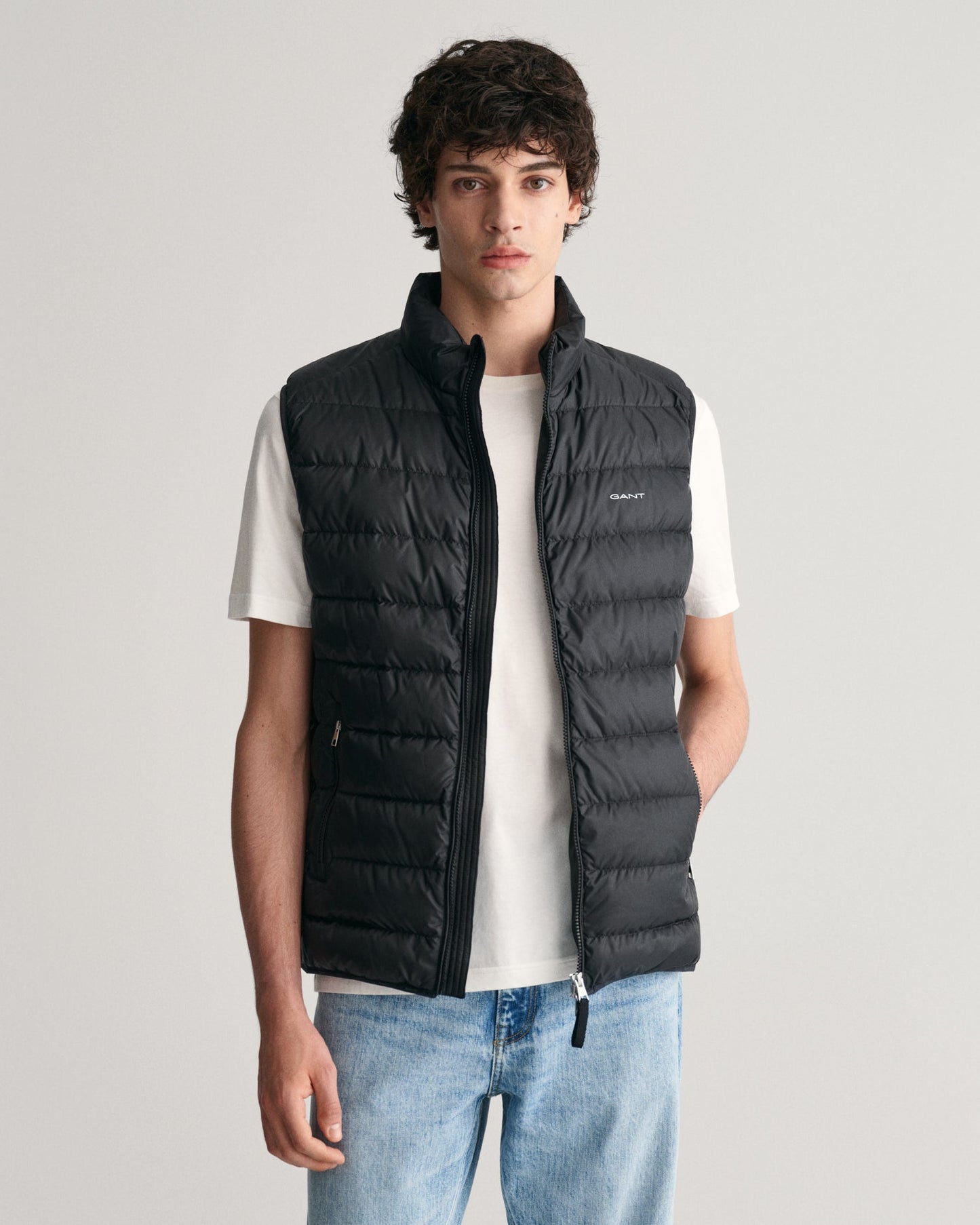 Shop Gant Men Black Solid Stand Collar Sleeveless Puffer Jacket
