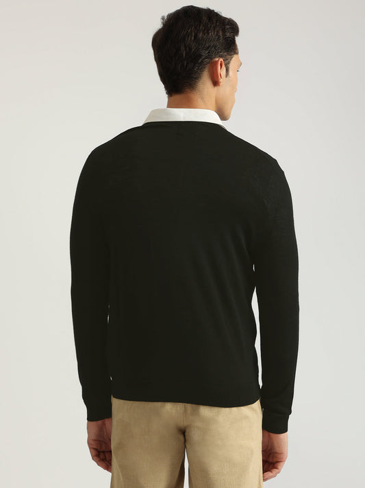 Gant Men Black Solid V-Neck Full Sleeves Pullover Style Sweater