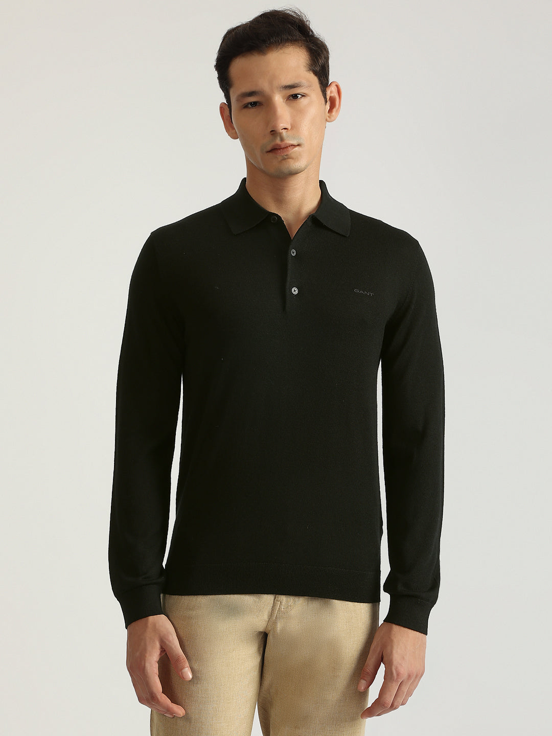 Gant Men Black Solid Collared Full Sleeves Pullover Style Sweater