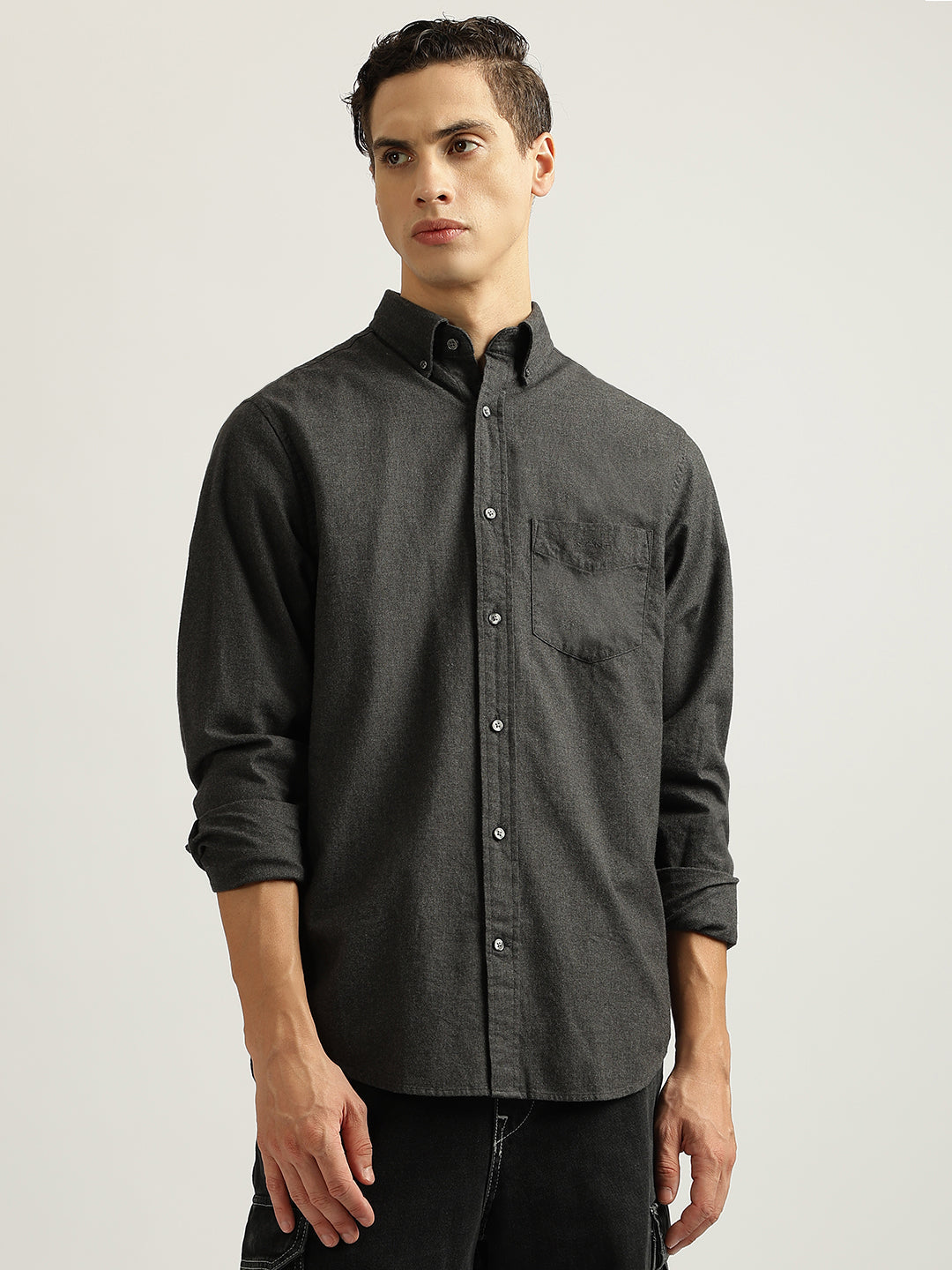 Gant Men Charcoal Grey Solid Buttoned Down Collar Full Sleeves Shirt