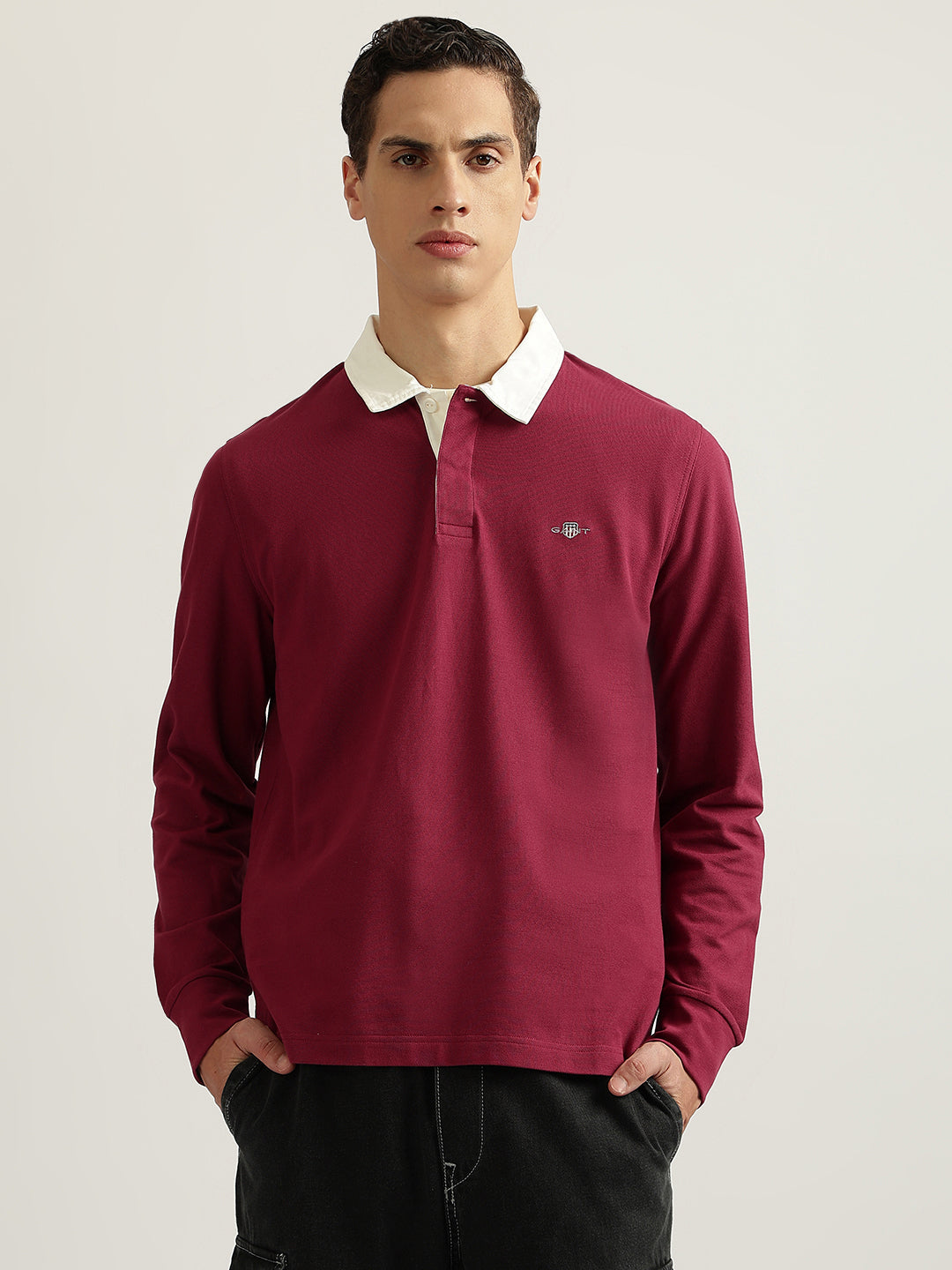 Gant Men Maroon Solid Collared Full Sleeves Polo T-Shirt