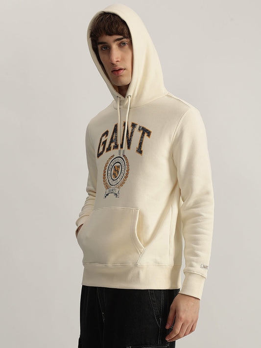 Gant Men Cream Printed Hooded Full Sleeves Pullover Style Sweatshirt