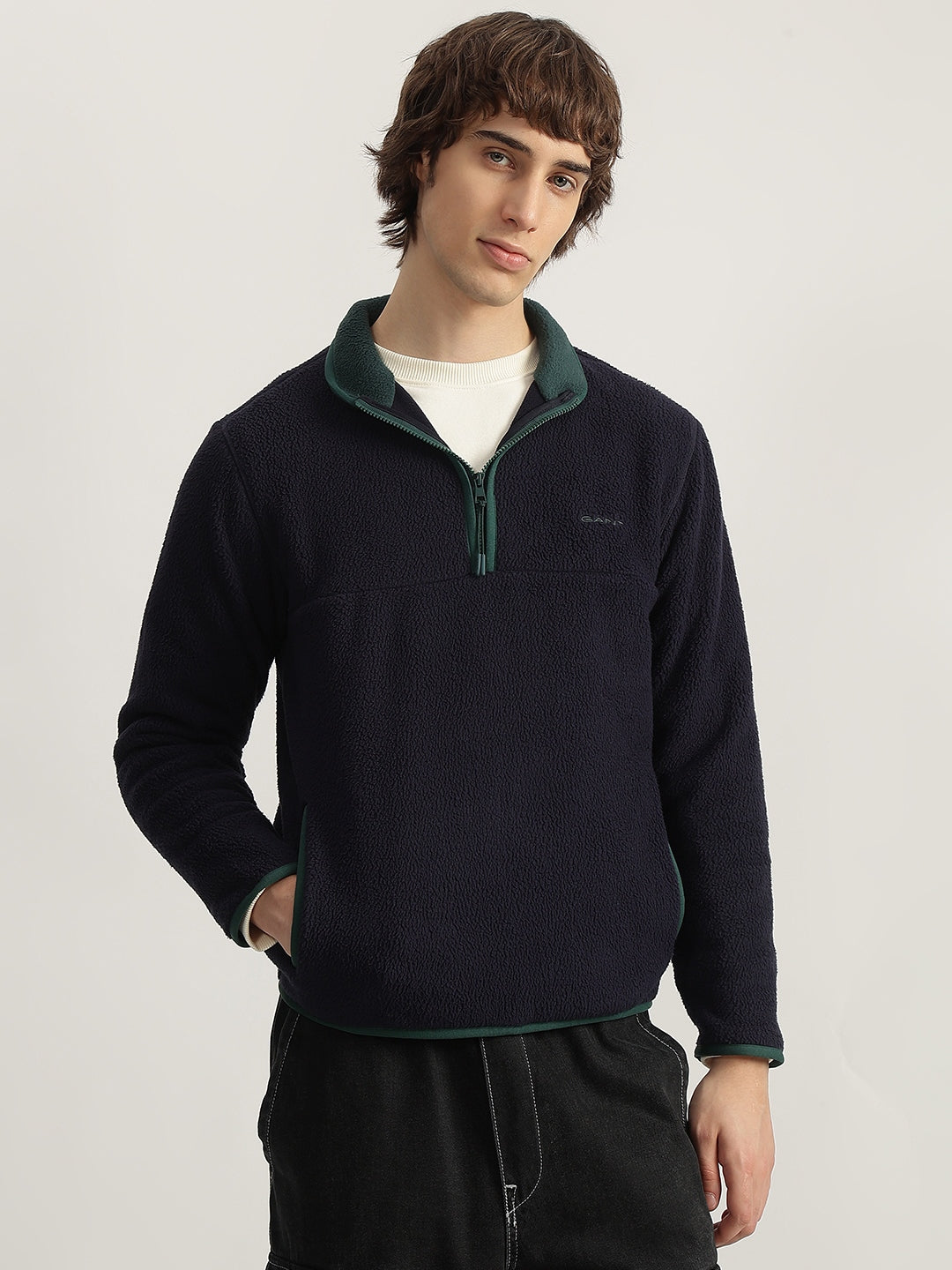 Gant Men Blue Solid Collared Full Sleeves Pullover