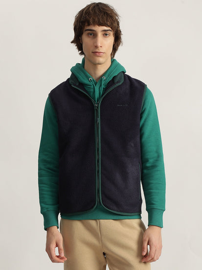 Shop Gant Men Blue Solid Collared Sleeveless Fleece Jacket GANT
