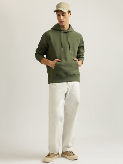 Gant Men Olive Solid Hooded Full Sleeves Pullover Sweatshirt