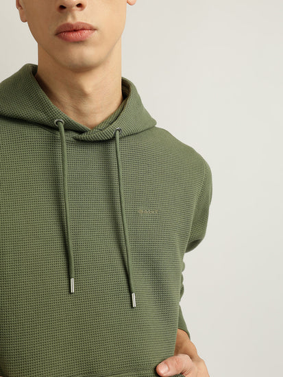 Gant Men Olive Solid Hooded Full Sleeves Pullover Sweatshirt