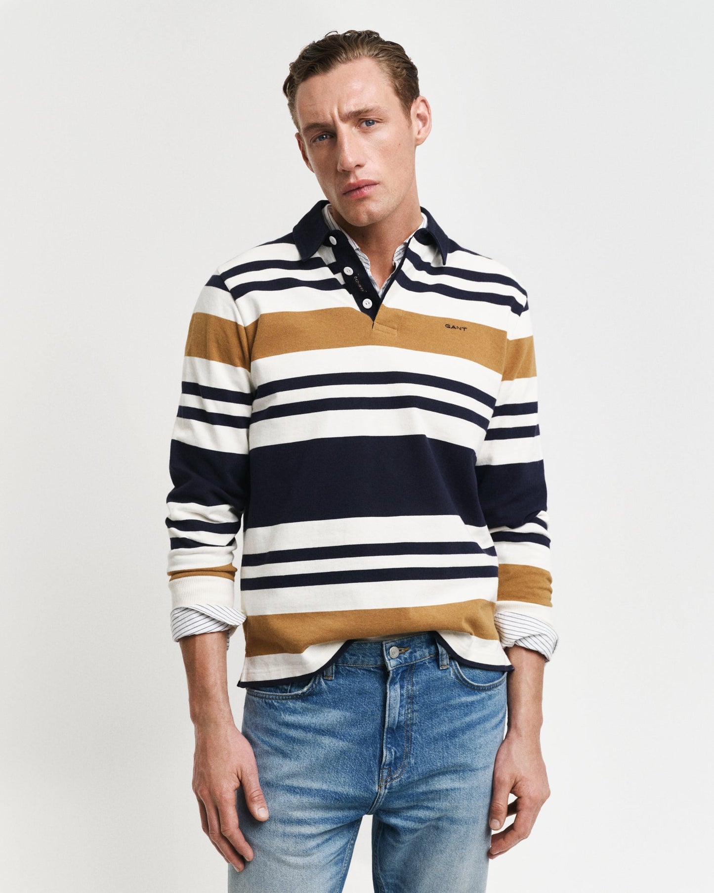 Gant Men Beige Striped Polo Neck Full Sleeves T-Shirt