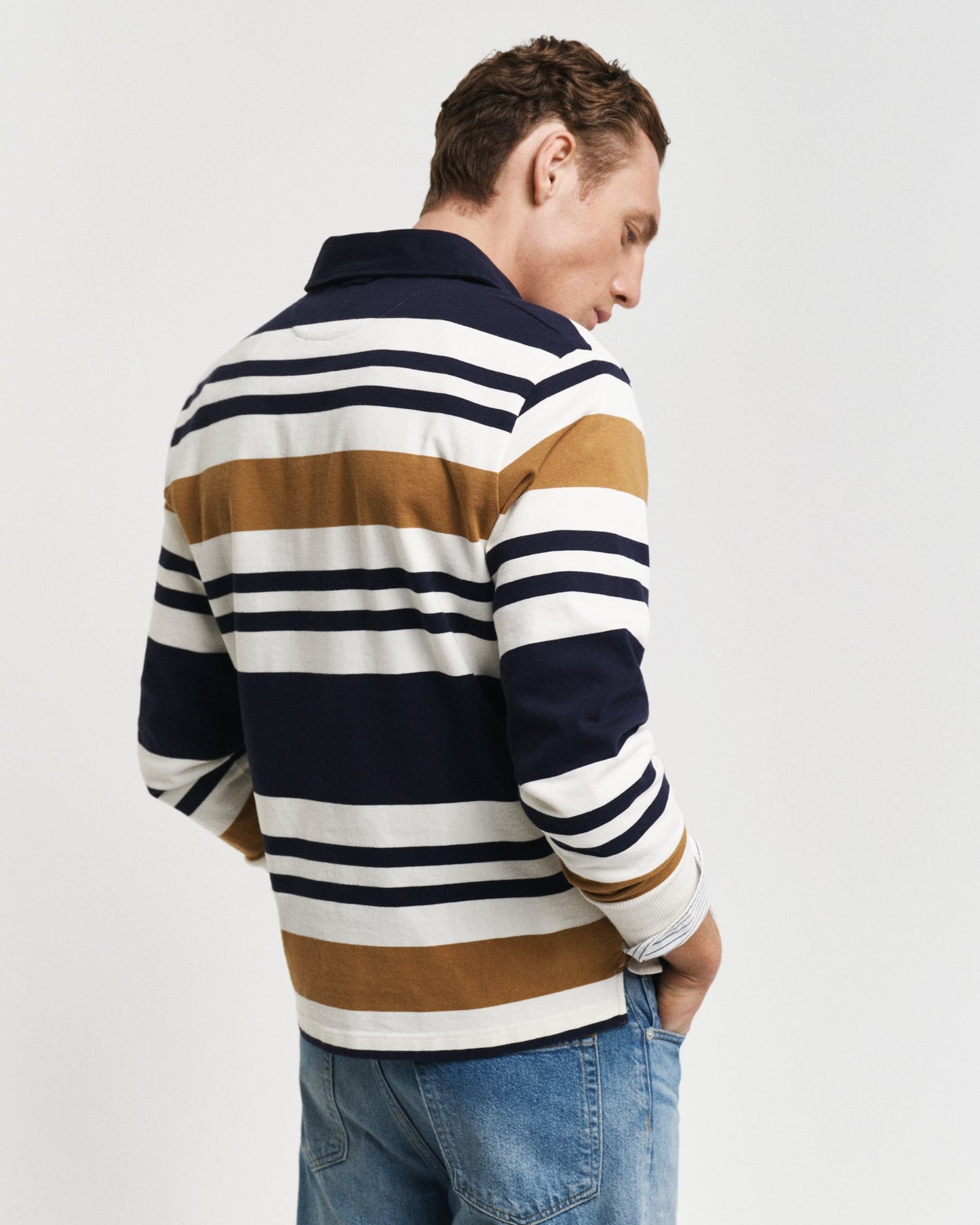 Gant Men Beige Striped Polo Neck Full Sleeves T-Shirt