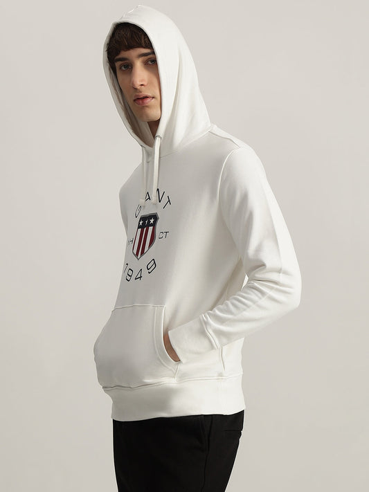 Gant Men White Printed Hooded Full Sleeves Pullover Style Sweatshirt