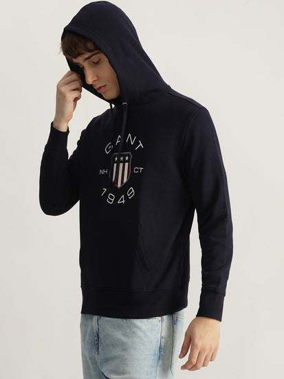 Gant Men Navy Blue Printed Hooded Full Sleeves Pullover Style Sweatshirt