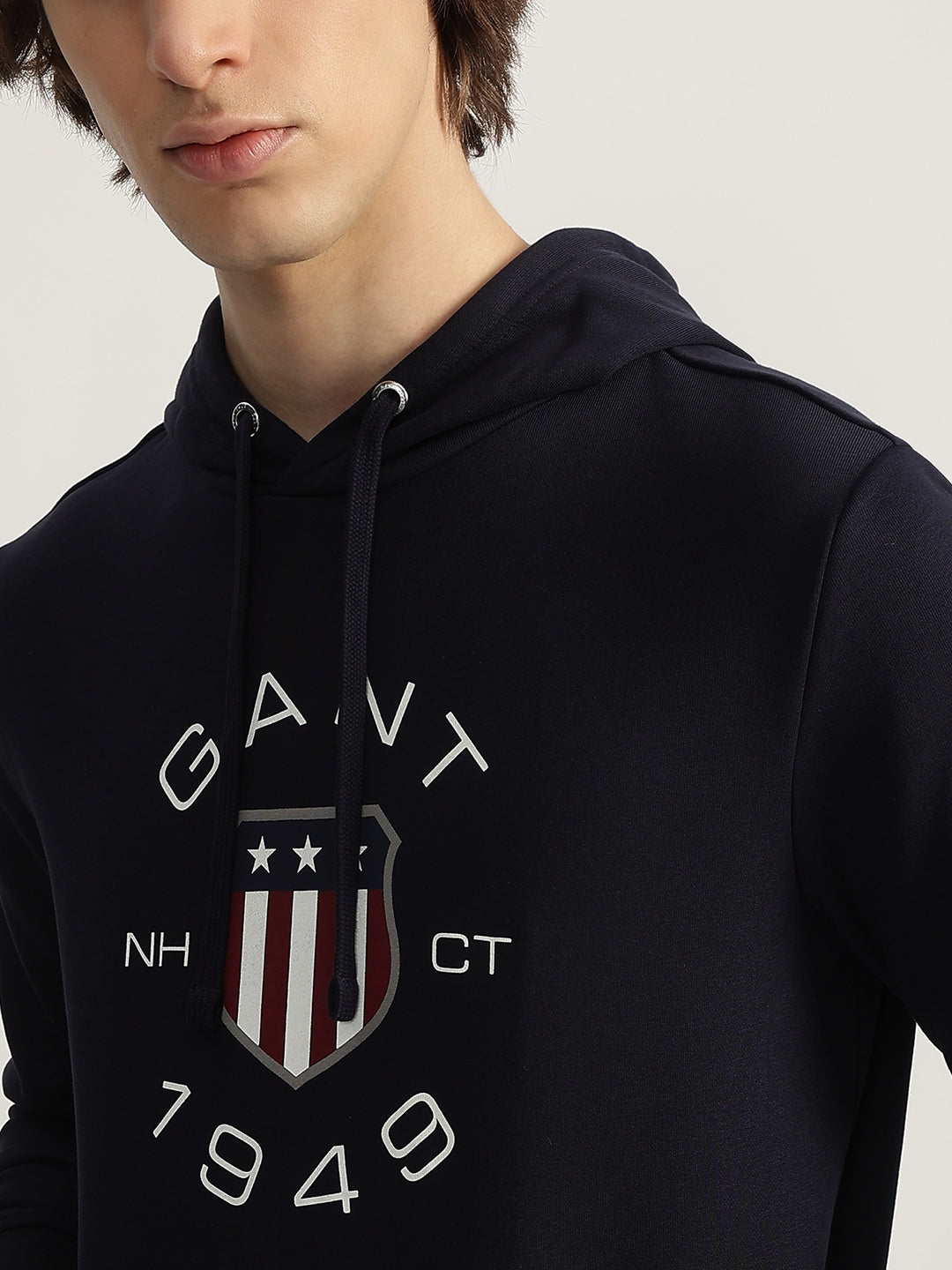 Gant Men Navy Blue Printed Hooded Full Sleeves Pullover Style Sweatshirt