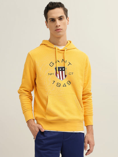 Gant Men Yellow Printed Hooded Full Sleeves Pullover Sweatshirt