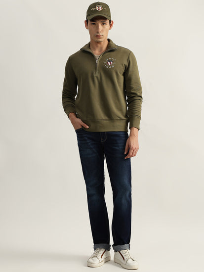 Gant Men Green Solid Collared Full Sleeves Pullover Style Sweatshirt