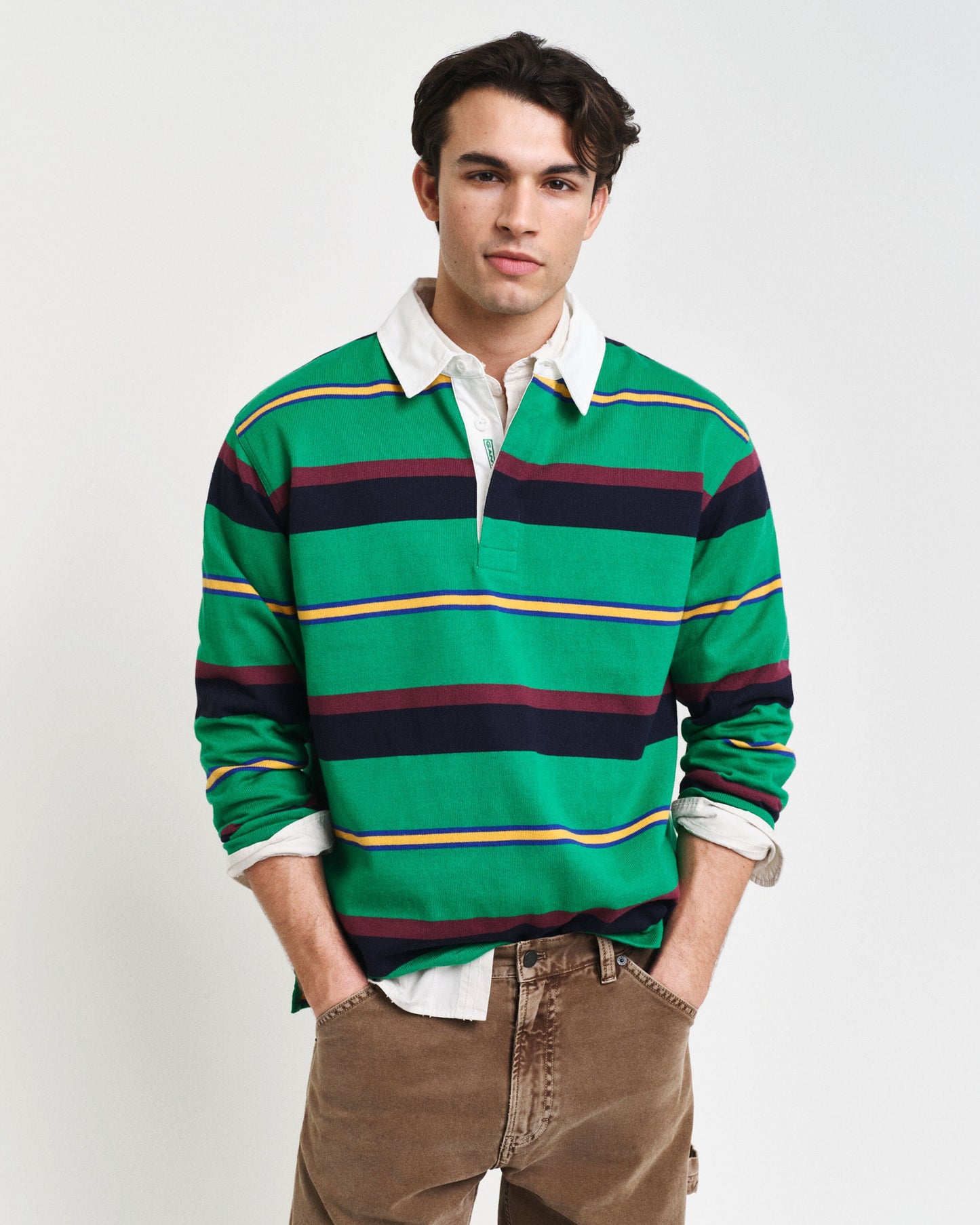 Gant Men Green Striped Polo Collar Full Sleeves T-Shirt