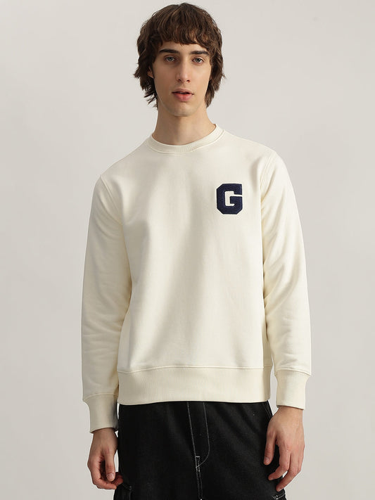 Gant Men Cream Solid Round Neck Full Sleeves Pullover Style Sweatshirt