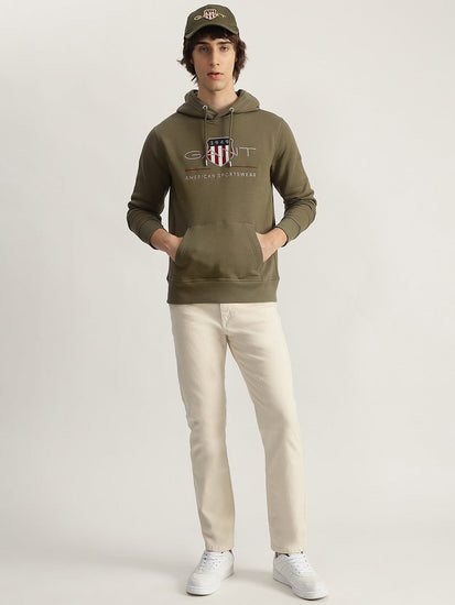 Gant Men Green Embroidered Hooded Full Sleeves Pullover Style Sweatshirt