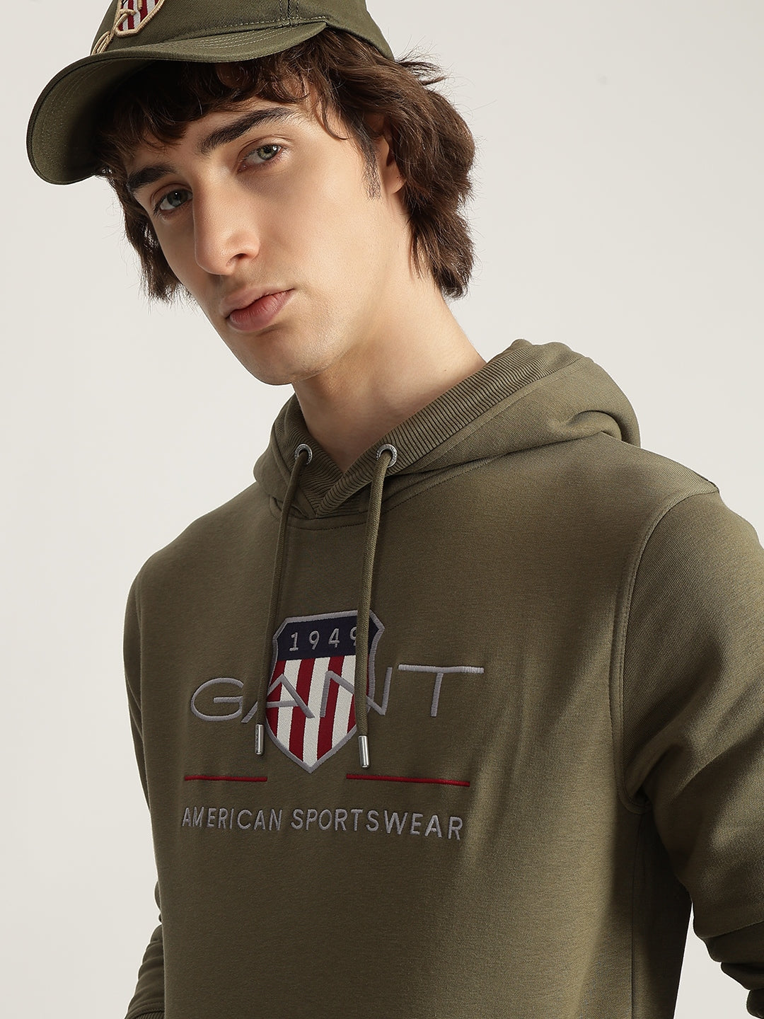 Gant Men Green Embroidered Hooded Full Sleeves Pullover Style Sweatshirt