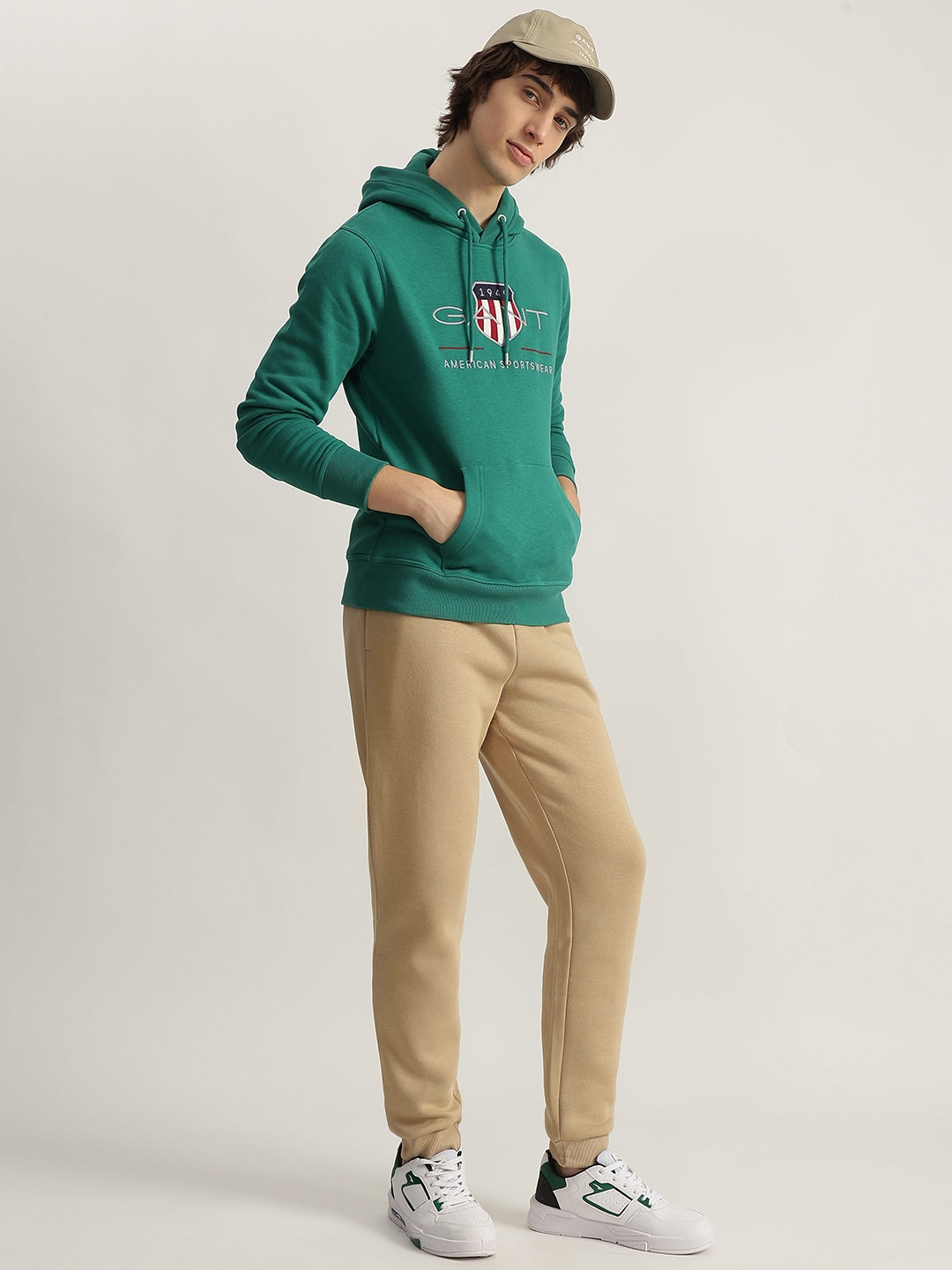 Gant Men Green Embroidered Hooded Full Sleeves Pullover Style Sweatshirt